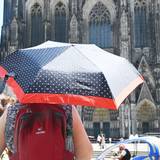 Eine Person schützt sich mit einem Schirm vor der Sonne.