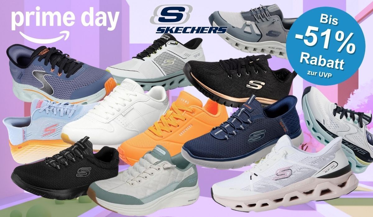 Skechers Sneaker in verschiedenen Farben (Schwarz, Weiß, Orange, Blau, Hellblau, Grau, Grün) vor einem  lila bunten Hintergrund einer Stadtsilhouette. Links oben das Prime-Day-Logo von Amazon, daneben das Skechers-Logo.