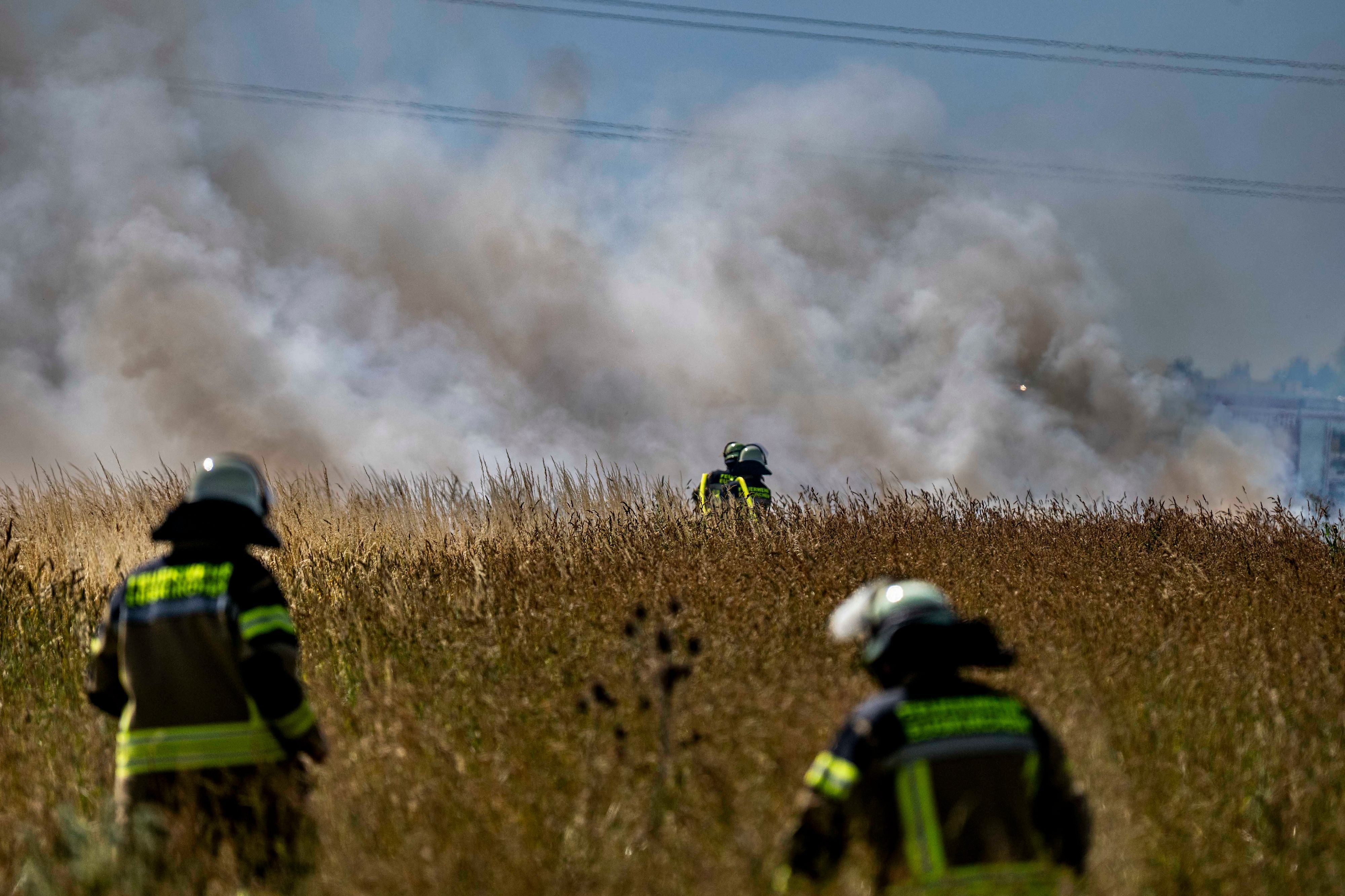 Das Bild zeigt Feuerwehrleute, die die Brand auf dem landwirtschaftlich genutzten Feld löschen.