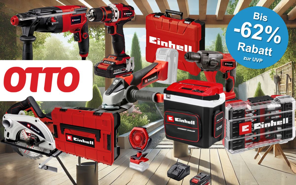 Auf dem Bild ist eine Collage diverser Einhell Werkzeugen zu sehen, die sich aktuell im Otto Onlineshop im Sale befinden.
