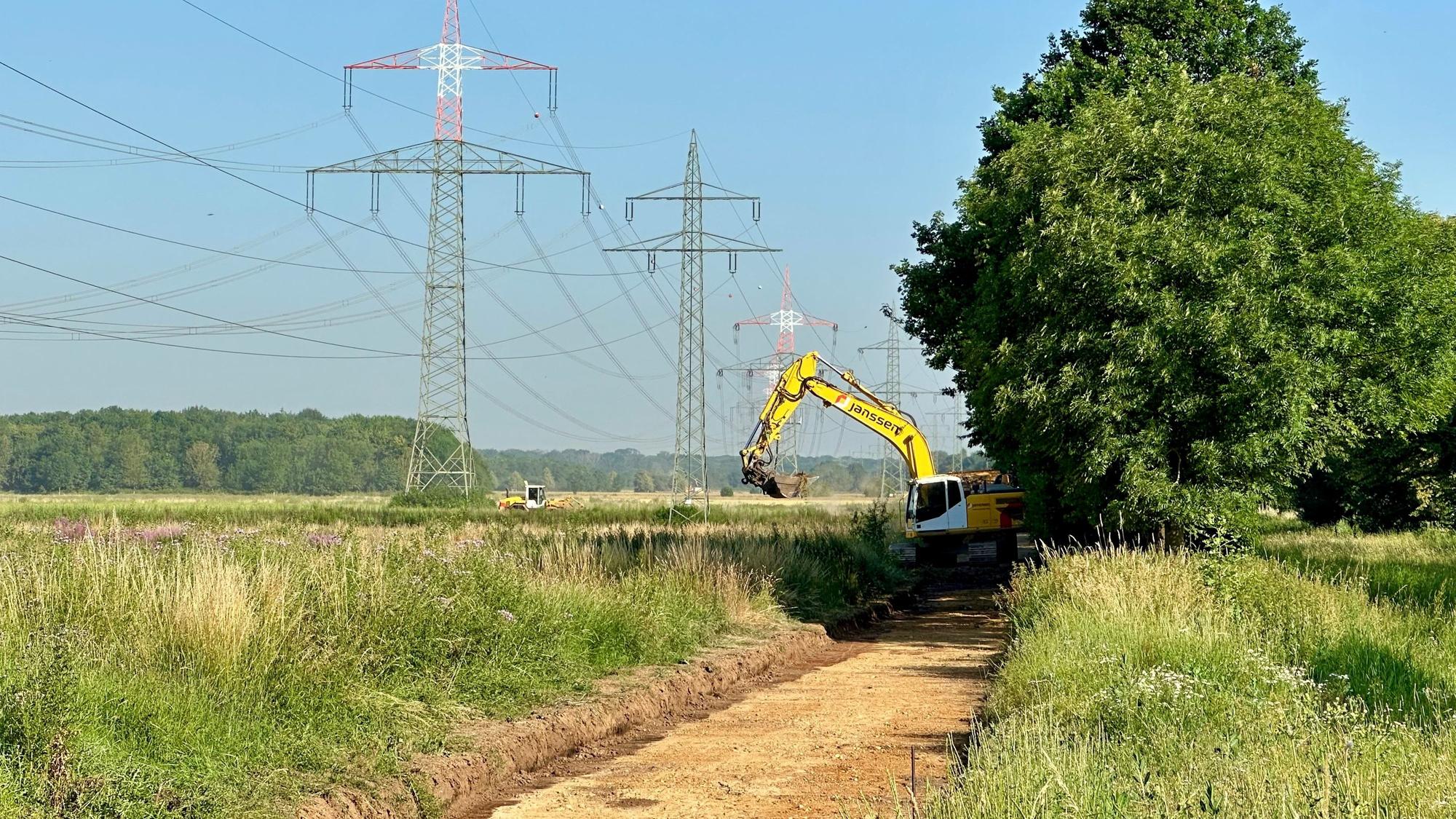 Ein Bagger arbeitet im Grünen.