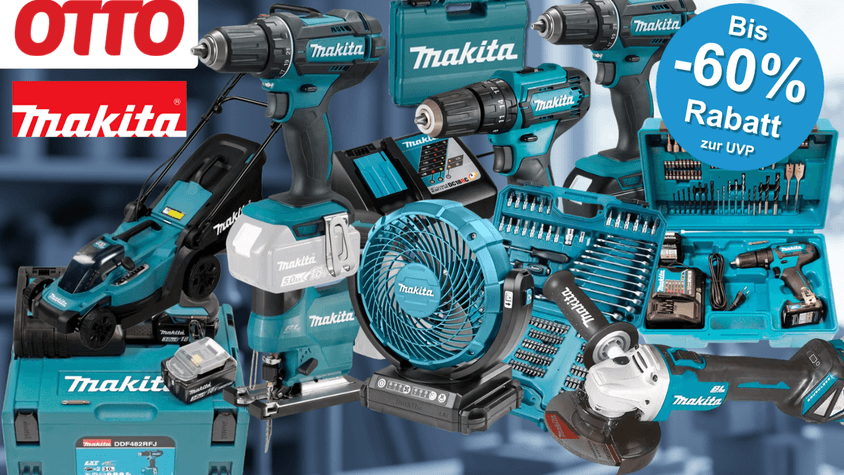 Collage verschiedener türkis-schwarzer Makita Werkzeuge und Zubehörsets (Akkubohrer, Schlagbohrmaschine, Stichsäge, Winkelschleifer, Bit- und Bohrer-Set, Akkus, Ladegerät sowie mehrere Makita Werkzeugkoffer) vor einem unscharfen industriellen Hintergrund. Links oben das rote OTTO-Logo und das türkise Makita-Logo. Rechts oben blauer Button mit der Aufschrift „Bis -60 % Rabatt zur UVP".