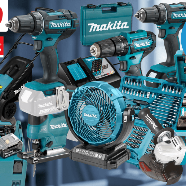 Collage verschiedener türkis-schwarzer Makita Werkzeuge und Zubehörsets (Akkubohrer, Schlagbohrmaschine, Stichsäge, Winkelschleifer, Bit- und Bohrer-Set, Akkus, Ladegerät sowie mehrere Makita Werkzeugkoffer) vor einem unscharfen industriellen Hintergrund. Links oben das rote OTTO-Logo und das türkise Makita-Logo. Rechts oben blauer Button mit der Aufschrift „Bis -60 % Rabatt zur UVP".