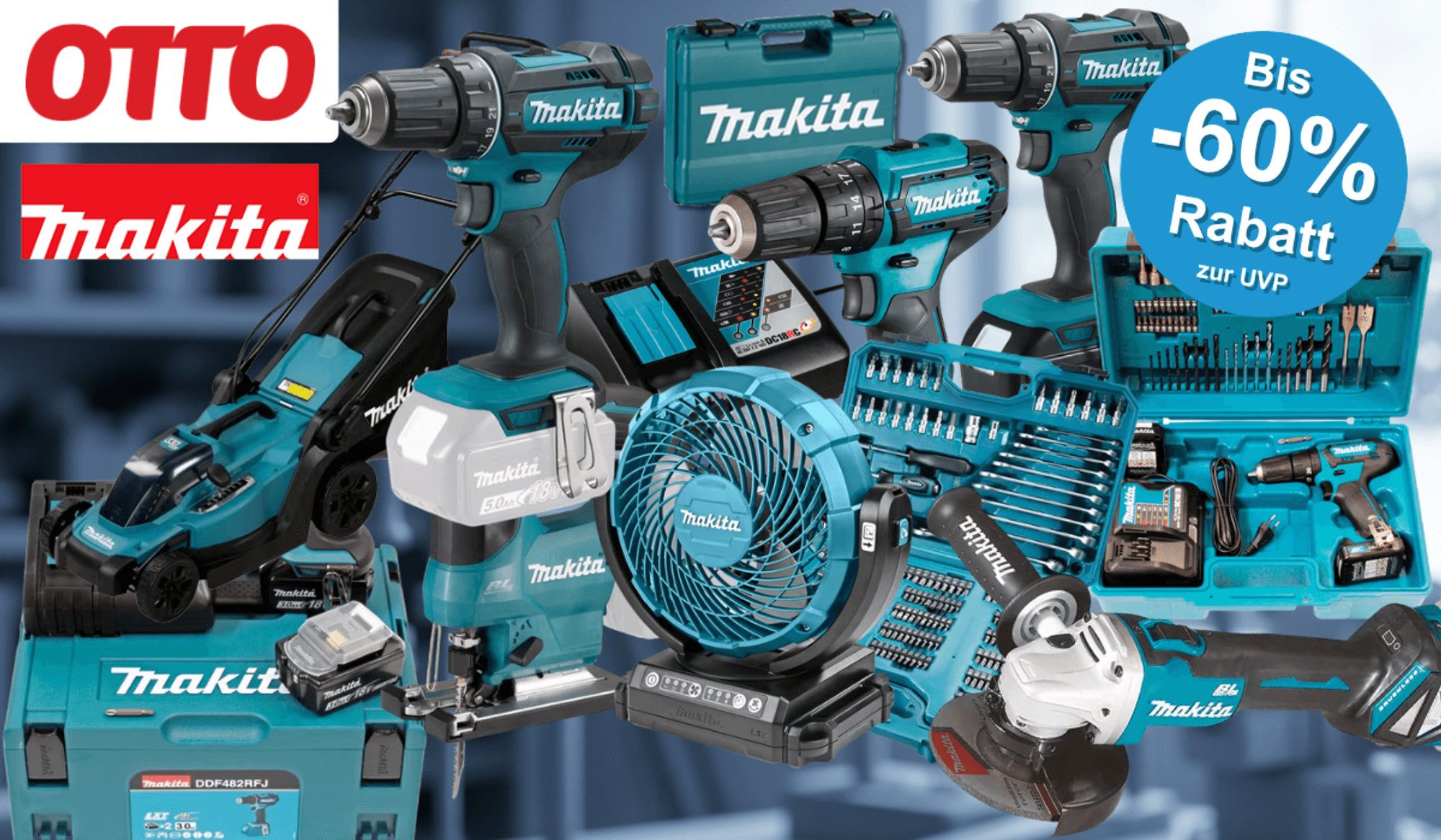 Collage verschiedener türkis-schwarzer Makita Werkzeuge und Zubehörsets (Akkubohrer, Schlagbohrmaschine, Stichsäge, Winkelschleifer, Bit- und Bohrer-Set, Akkus, Ladegerät sowie mehrere Makita Werkzeugkoffer) vor einem unscharfen industriellen Hintergrund. Links oben das rote OTTO-Logo und das türkise Makita-Logo. Rechts oben blauer Button mit der Aufschrift „Bis -60 % Rabatt zur UVP".