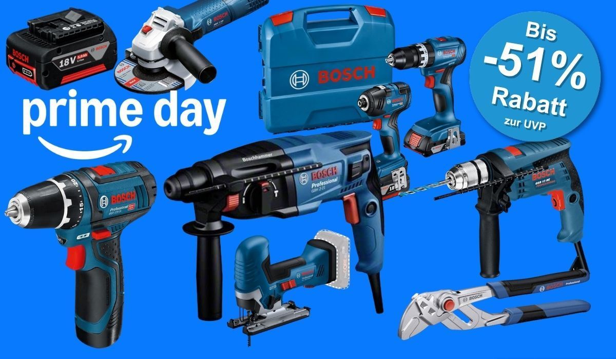 Bosch Professional Werkzeug von Schlagbohrmaschine bis Akkuschrauber vor einem blauen Hintergrund mit Prime Day und Bosch Logo.