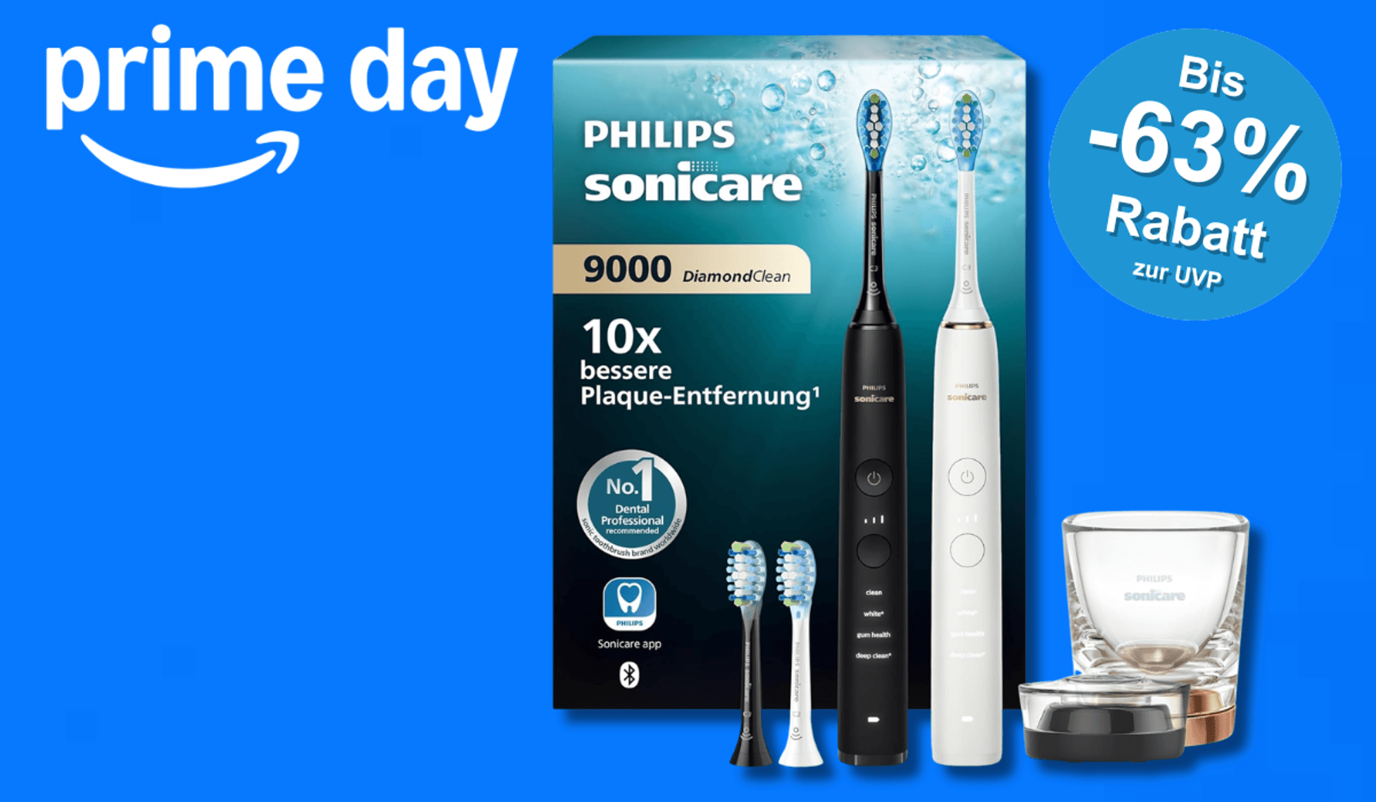 Ein Produktbild von der Philips Sonicare und ein Bild von Matthias Schweighöfer mit der Philips Zahnbürste in der Hand vor einem blauen Hintergrund.