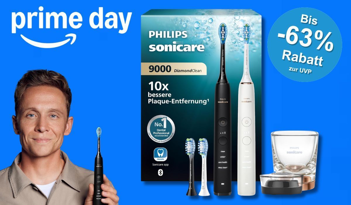 Ein Produktbild von der Philips Sonicare und ein Bild von Matthias Schweighöfer mit der Philips Zahnbürste in der Hand vor einem blauen Hintergrund.