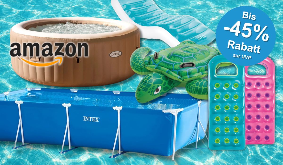Intex Pools und Zubehör vor einem Wasser-Hintergrund.