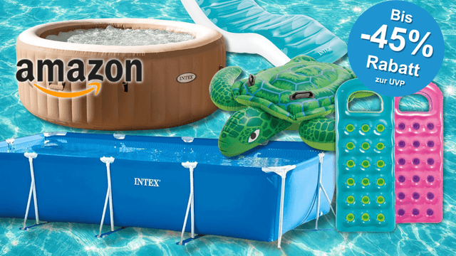 Intex Pools und Zubehör vor einem Wasser-Hintergrund.