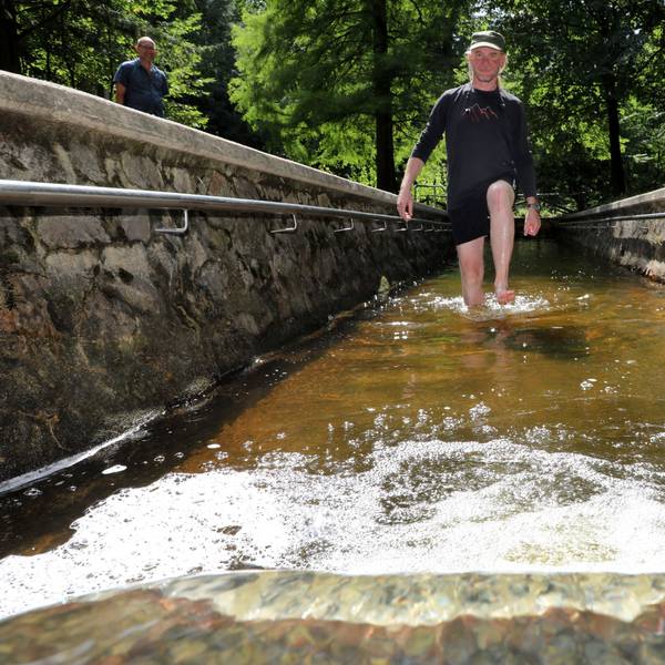 Ein Mann läuft durch eine Wassertretstelle im Königsforst.