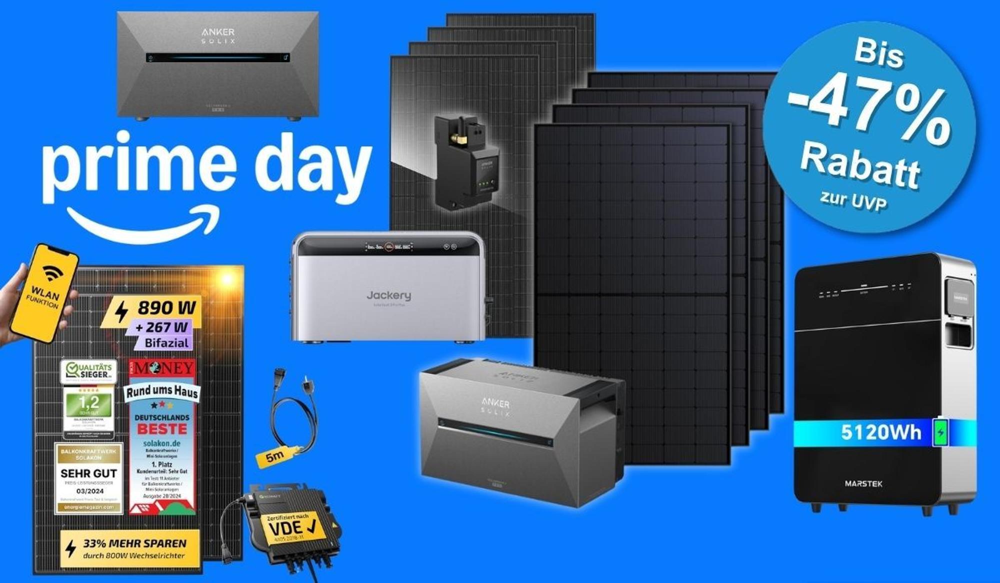 Balkonkraftwerk Komplettset mit Solarmodulen, Stromspeicher und Wechselrichter mit Amazon Prime Day Logo vor blauem Hintergrund.