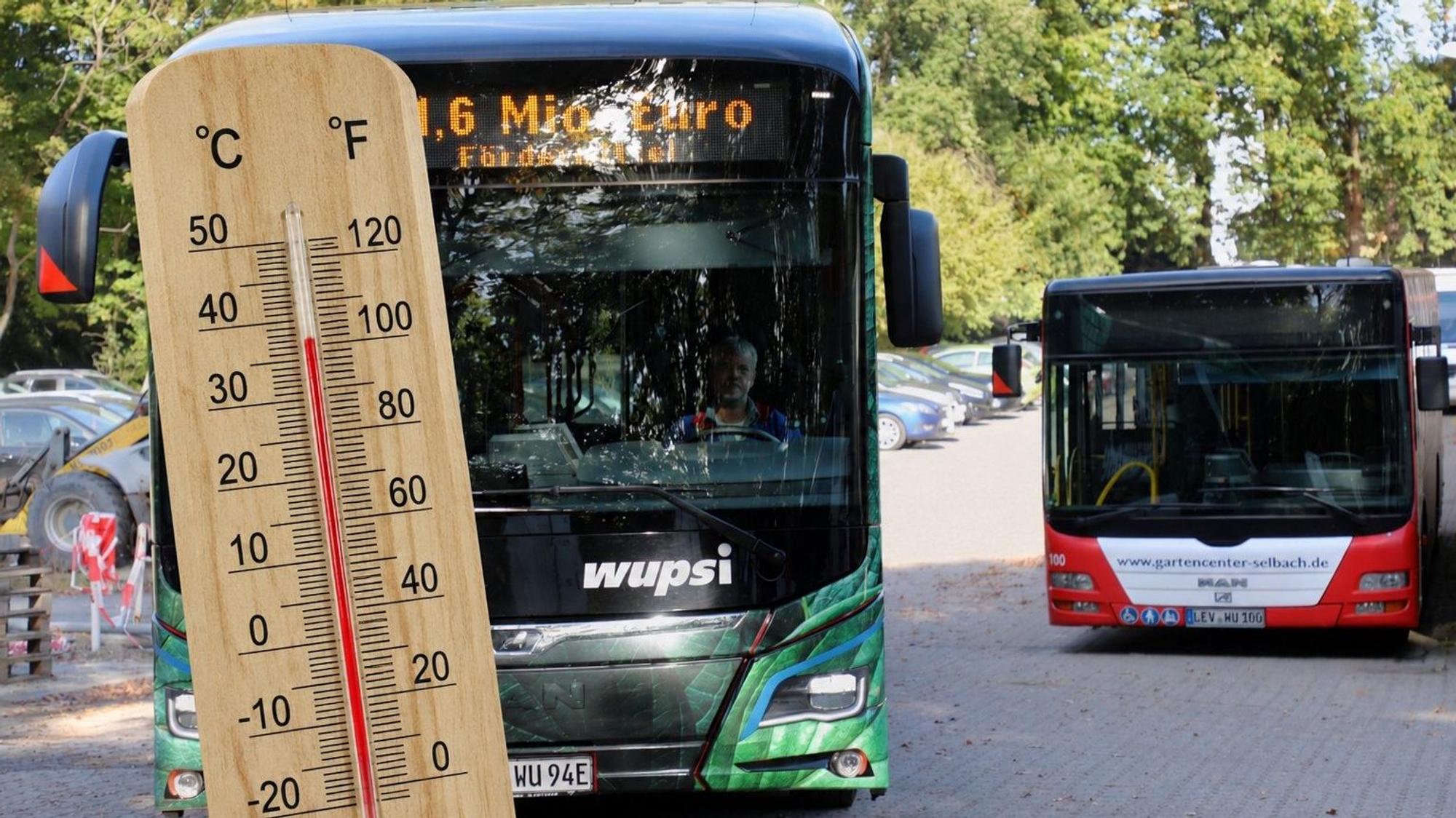 Ein Thermometer vor einem Wupsi-Bus zeigt 36 Grad Celsius an.
