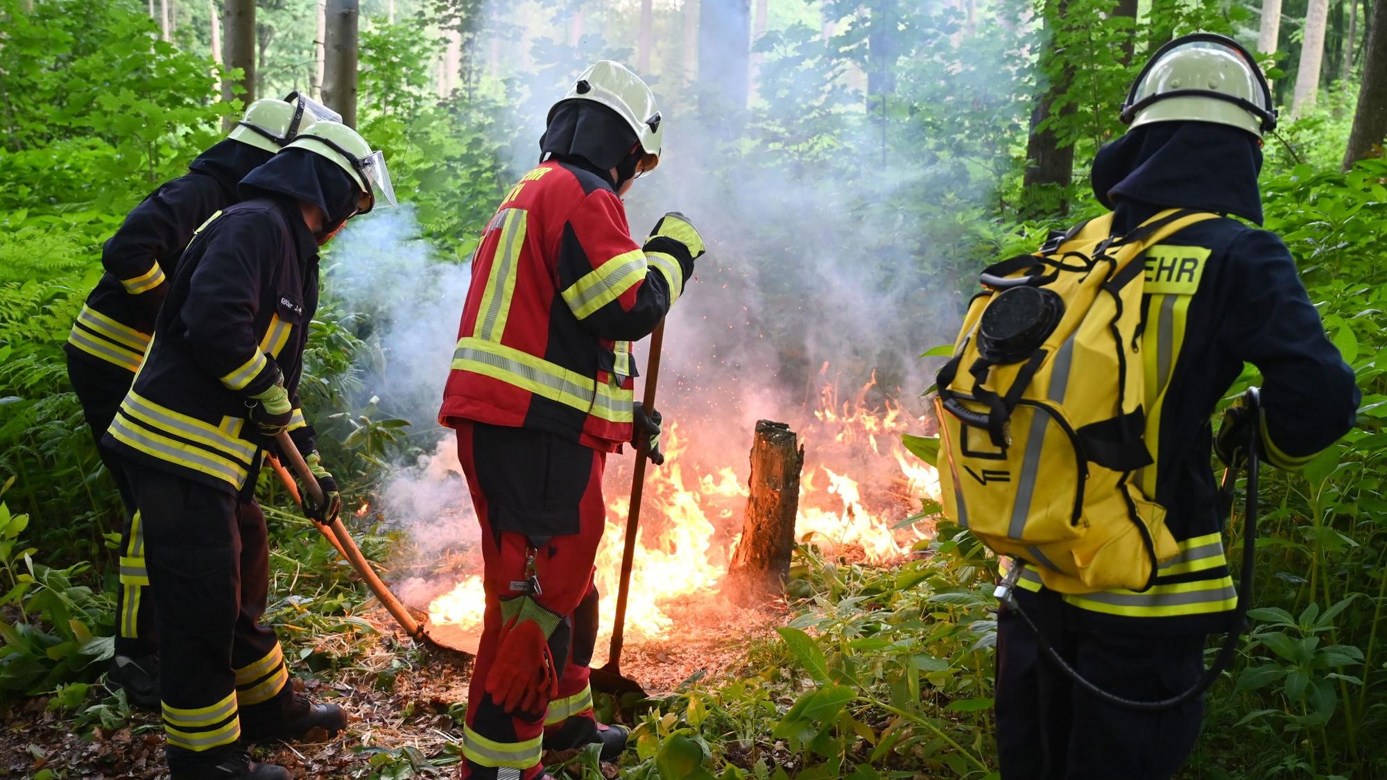 Mit echtem Feuer haben Feuerwehrleute den Kampf gegen Wald- und Flächenbrände in Leichlingen trainiert.