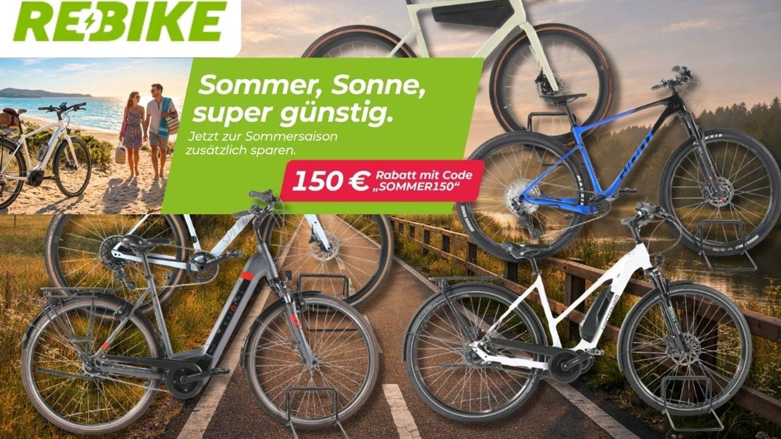 Verschiedene Fahrräder und E-Bikes mehrerer Top-Marken vor einem Fahrradweg an einem Sommerabend.