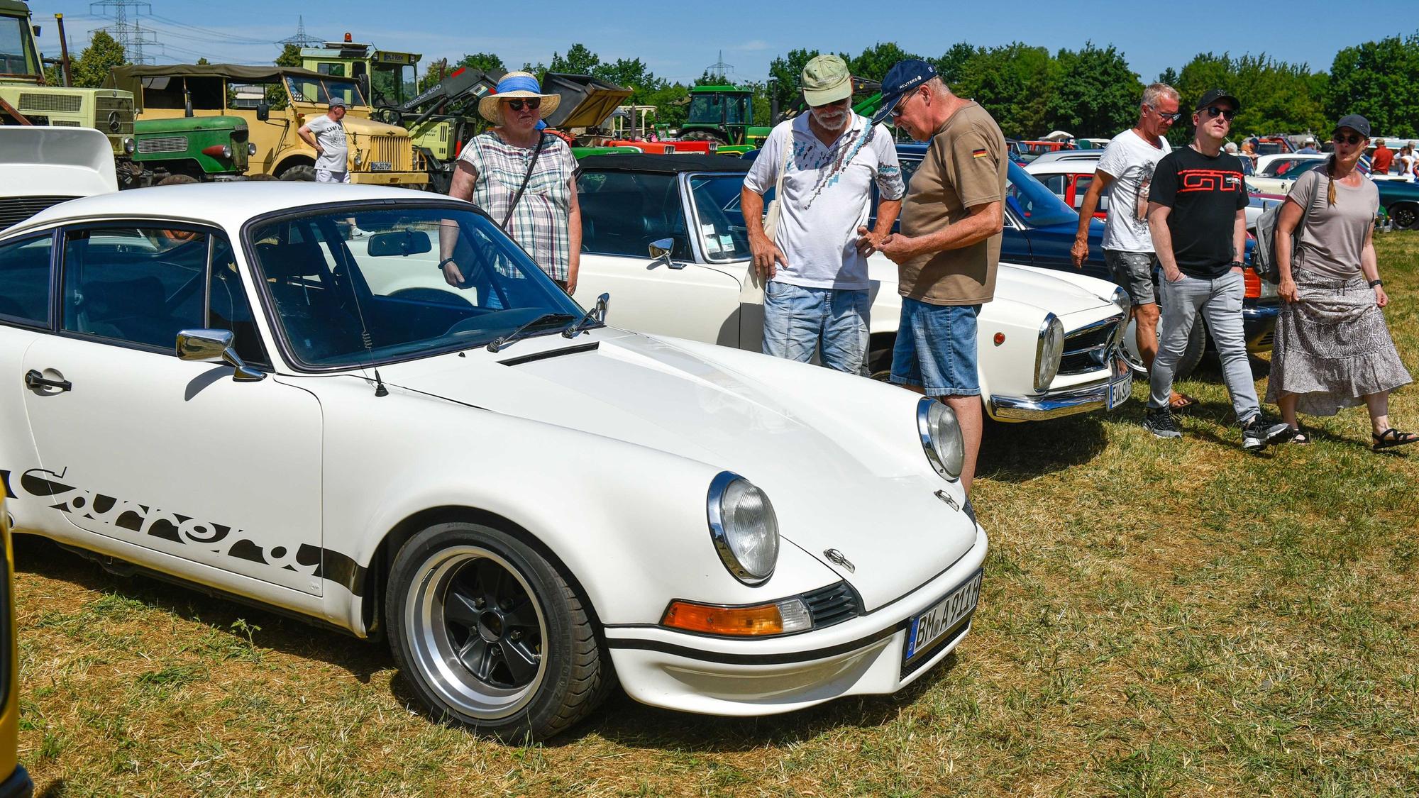 Zu sehen sind mehrere Menschen, die auf einer Wiese Porsche- und Mercedes-Oldtimer in Augenschein nehmen.