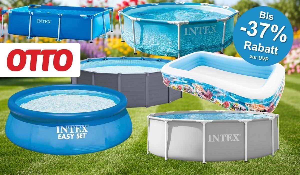 Fünf verschiedene Intex Pool-Modelle im Überblick beim OTTO Sale – darunter Metal Frame Rundpools, ein rechteckiger Framepool, der Intex Easy Set sowie ein aufblasbarer Familienpool mit buntem Ozean-Design.