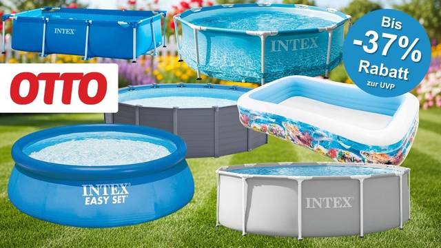 Fünf verschiedene Intex Pool-Modelle im Überblick beim OTTO Sale – darunter Metal Frame Rundpools, ein rechteckiger Framepool, der Intex Easy Set sowie ein aufblasbarer Familienpool mit buntem Ozean-Design.
