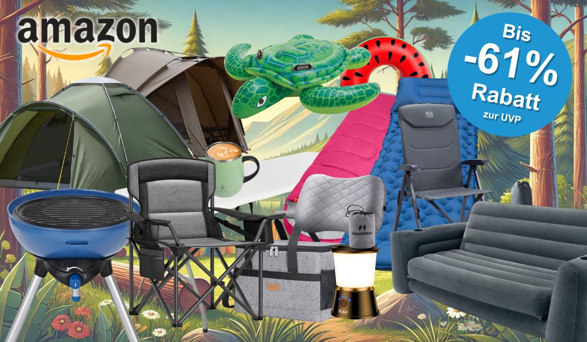 Auf dem Bild ist eine Collage aus diversen Camping Produkten zu sehen, die sich aktuell im Amazon Sale befinden.
