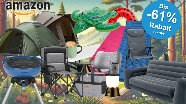 Auf dem Bild ist eine Collage aus diversen Camping Produkten zu sehen, die sich aktuell im Amazon Sale befinden.