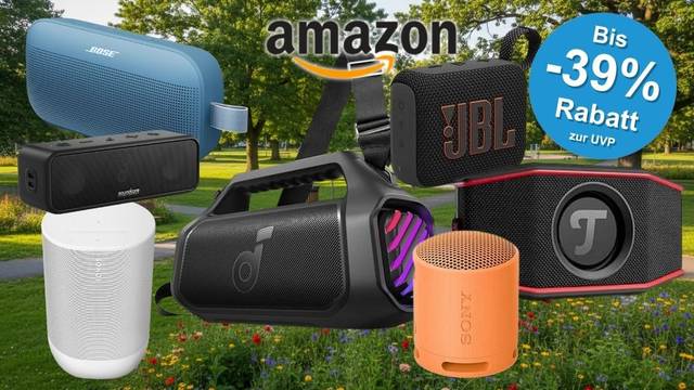 Auswahl an tragbaren Bluetooth-Lautsprechern verschiedener Hersteller (Soundcore, Bose, JBL, Teufel, Sony) vor einem Stadtpark-Hintergrund.