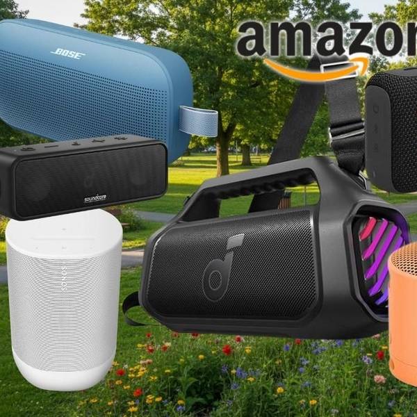Auswahl an tragbaren Bluetooth-Lautsprechern verschiedener Hersteller (Soundcore, Bose, JBL, Teufel, Sony) vor einem Stadtpark-Hintergrund.