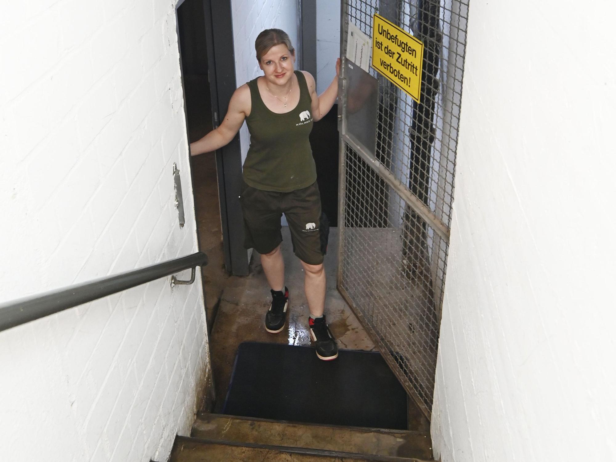 Eine blonde Frau steht am Ende einer Kellertreppe.
