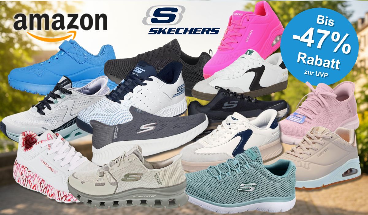 Skechers Sneaker in verschiedenen Farben (Schwarz, Weiß, Orange, Blau, Hellblau, Grau, Grün) vor einem Hintergrund einer grünen Landschaft und Natur. Links oben das Amazon-Logo, daneben das Skechers-Logo.