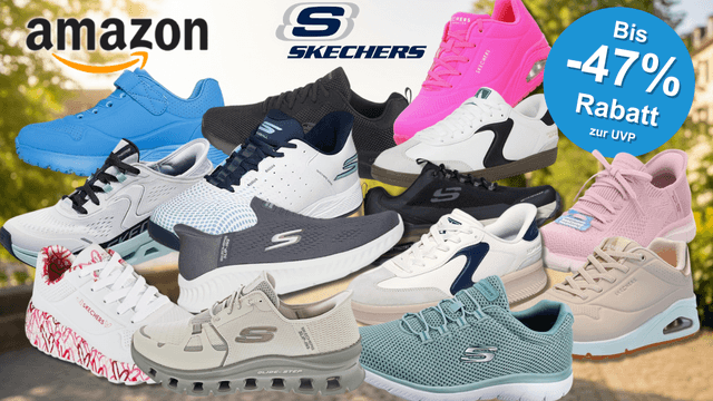 Skechers Sneaker in verschiedenen Farben (Schwarz, Weiß, Orange, Blau, Hellblau, Grau, Grün) vor einem Hintergrund einer grünen Landschaft und Natur. Links oben das Amazon-Logo, daneben das Skechers-Logo.