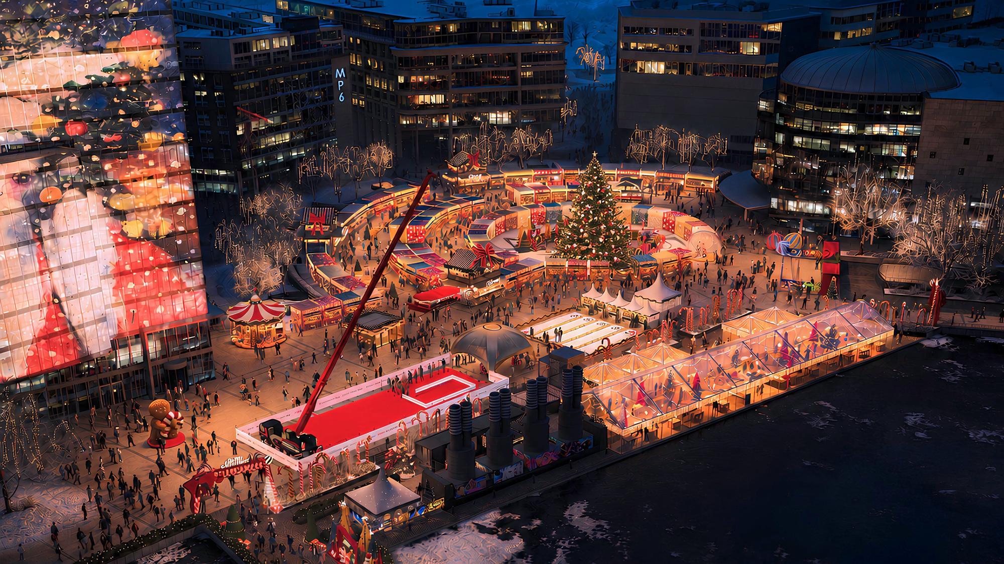 So soll der neue Weihnachtsmarkt im Mediapark im November und Dezember 2026 aussehen.
