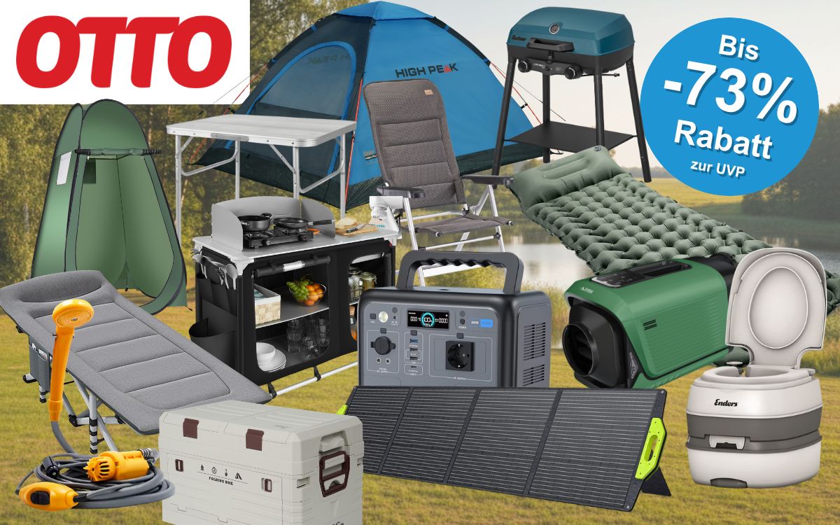Produktcollage zum OTTO Camping-Sale mit blauem Rabatt-Button „Bis -73% zur UVP" und OTTO-Logo. Zu sehen sind verschiedene Camping-Produkte, darunter ein High Peak Kuppelzelt, ein faltbarer Campingstuhl, ein Klapptisch, eine mobile Campingküche, ein Gasgrill, eine selbstaufblasbare Isomatte, ein Feldbett, eine Camping-Klimaanlage, eine Powerstation von OUKITEL, ein faltbares Solarpanel, eine Kühlbox von NILS sowie eine portable Toilette von Enders – alles vor einem sommerlichen Waldwiesen-Hintergrund.