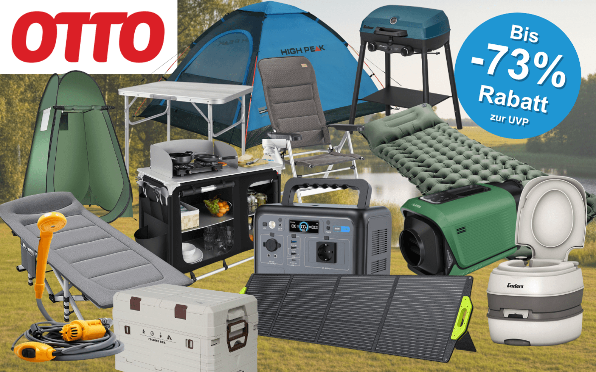 Produktcollage zum OTTO Camping-Sale mit blauem Rabatt-Button „Bis -73% zur UVP" und OTTO-Logo. Zu sehen sind verschiedene Camping-Produkte, darunter ein High Peak Kuppelzelt, ein faltbarer Campingstuhl, ein Klapptisch, eine mobile Campingküche, ein Gasgrill, eine selbstaufblasbare Isomatte, ein Feldbett, eine Camping-Klimaanlage, eine Powerstation von OUKITEL, ein faltbares Solarpanel, eine Kühlbox von NILS sowie eine portable Toilette von Enders – alles vor einem sommerlichen Waldwiesen-Hintergrund.