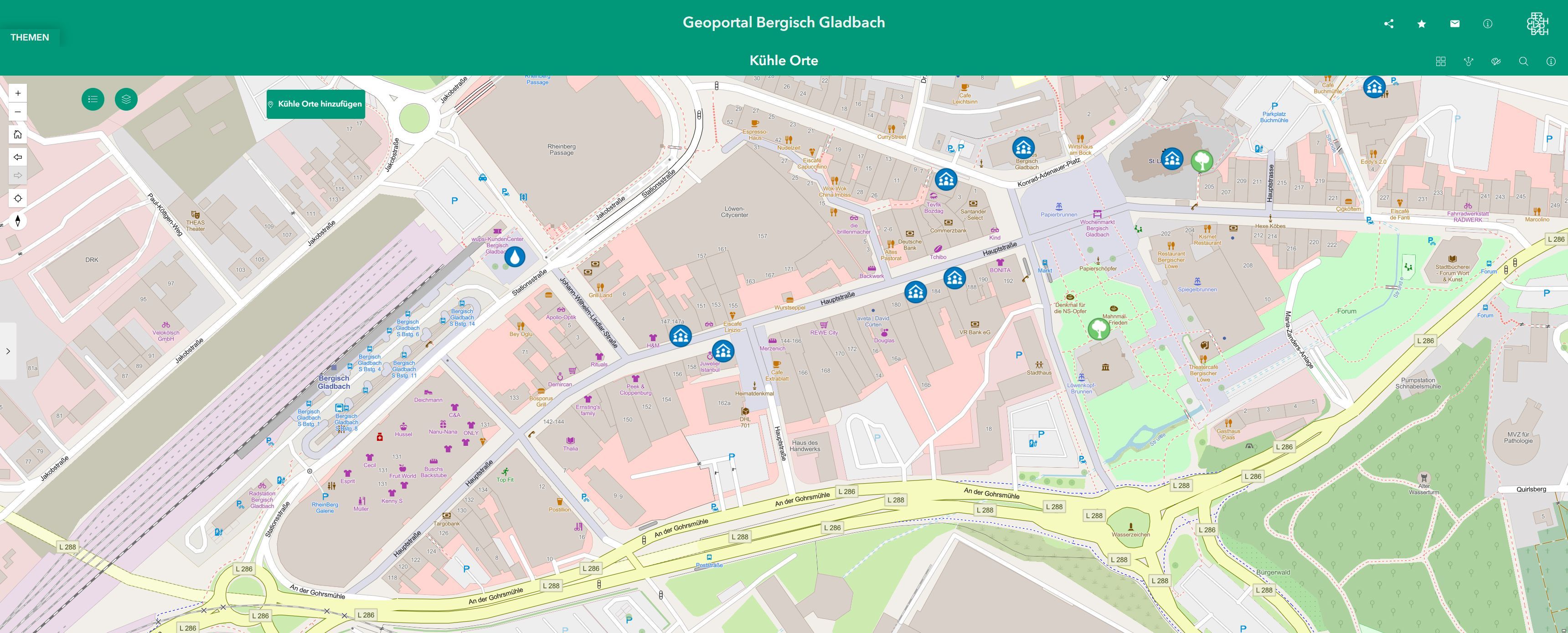 Eine Karte auf der Internetseite der Stadt Bergisch Gladbach weist kühle Orte aus.