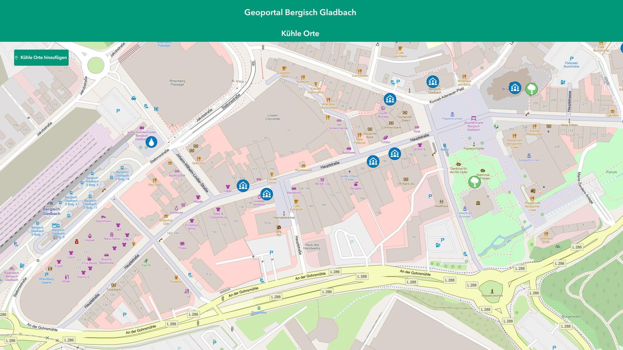 Eine Karte auf der Internetseite der Stadt Bergisch Gladbach weist kühle Orte aus.