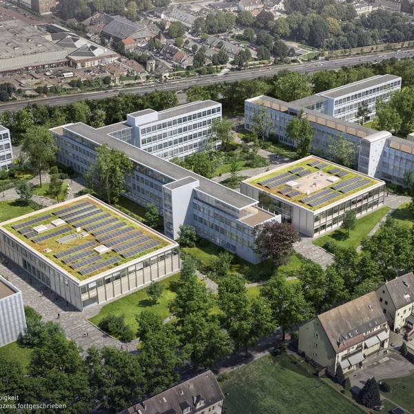Vogelperspektive auf die drei Neubauten an der Berufsschule Bismarckstraße