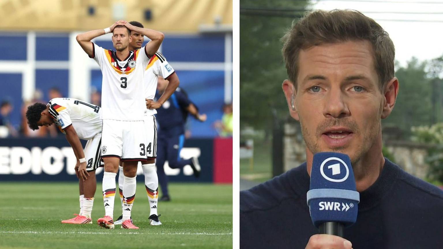 Alex Schlüter (rechts) berichtete von seinen Eindrücken vom WM-Aus der deutschen Fußball-Nationalmannschaft. (Bild: Getty Images / Megan Briggs / ARD (Collage))