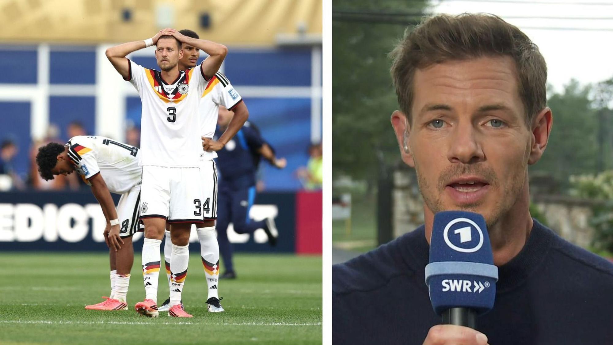 Alex Schlüter (rechts) berichtete von seinen Eindrücken vom WM-Aus der deutschen Fußball-Nationalmannschaft. (Bild: Getty Images / Megan Briggs / ARD (Collage))