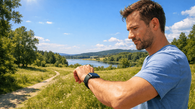 Ein Mann der draußen im Sommer seine Smartwatch checkt