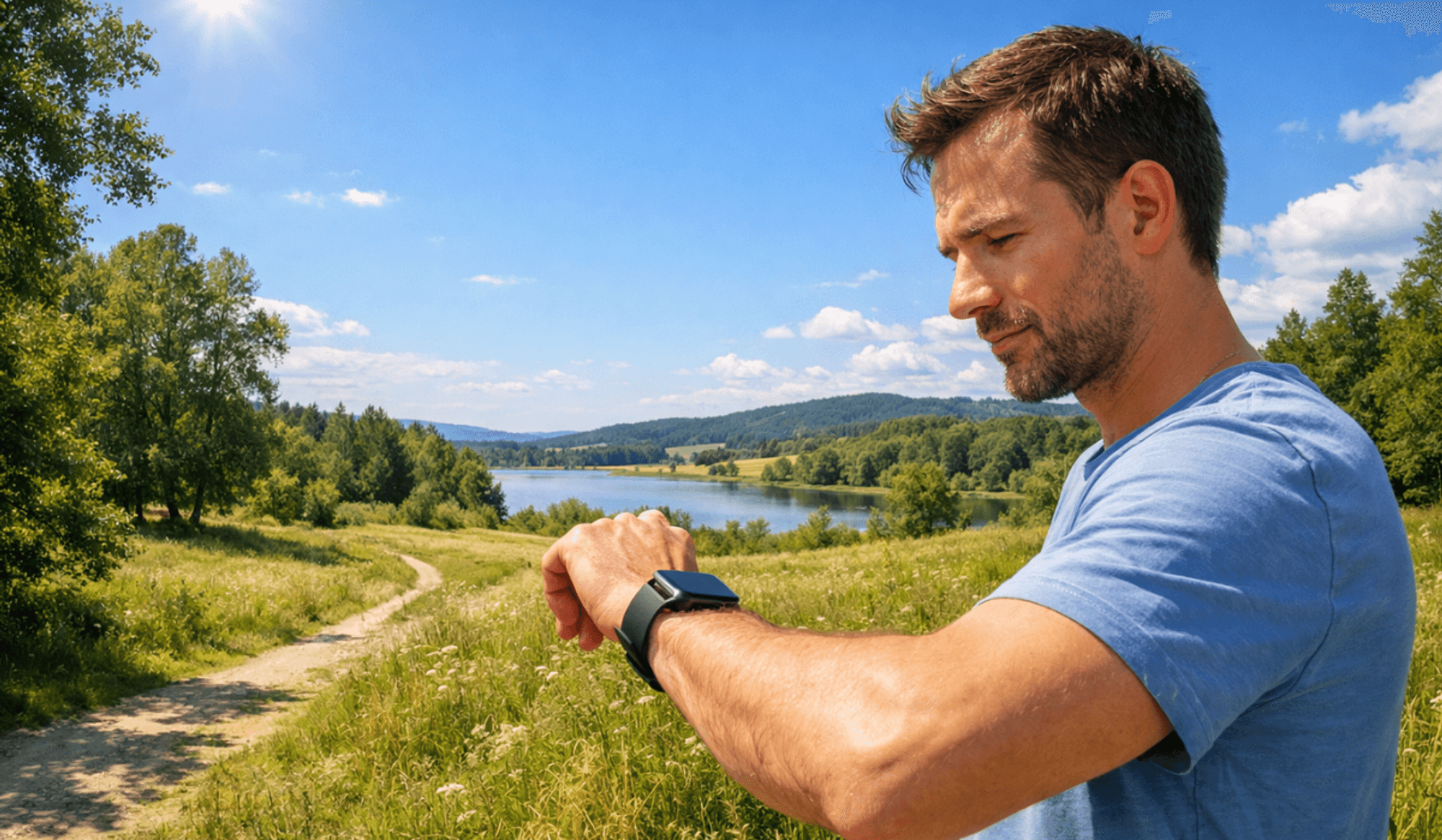 Ein Mann der draußen im Sommer seine Smartwatch checkt