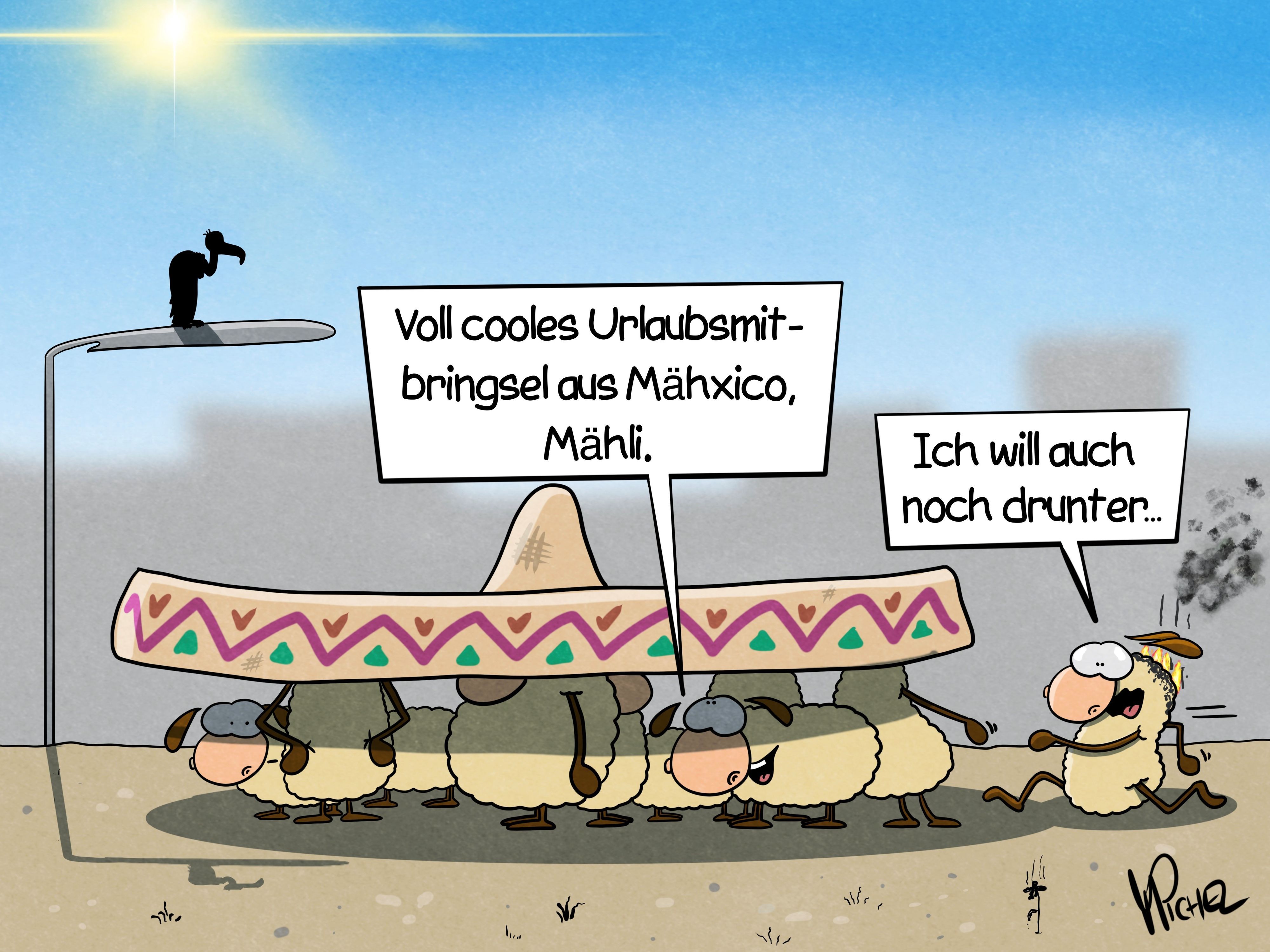 Mehrere Schafe versammeln sich in praller Hitze schwitzend im Schatten unter einem großen Sombrero, das ein Schaf in der Mitte trägt.