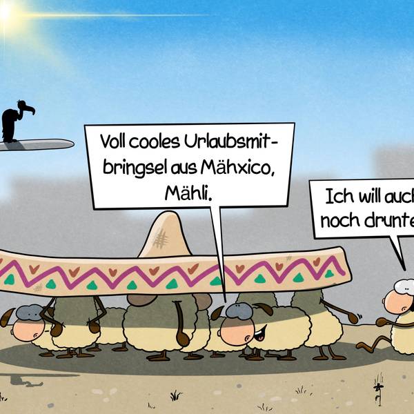 Mehrere Schafe versammeln sich in praller Hitze schwitzend im Schatten unter einem großen Sombrero, das ein Schaf in der Mitte trägt.