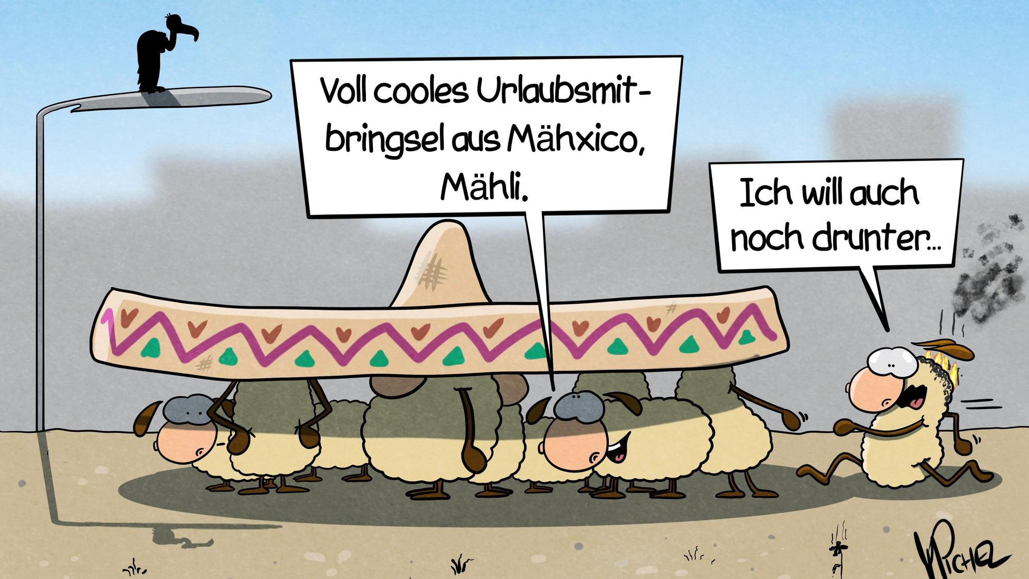 Mehrere Schafe versammeln sich in praller Hitze schwitzend im Schatten unter einem großen Sombrero, das ein Schaf in der Mitte trägt.