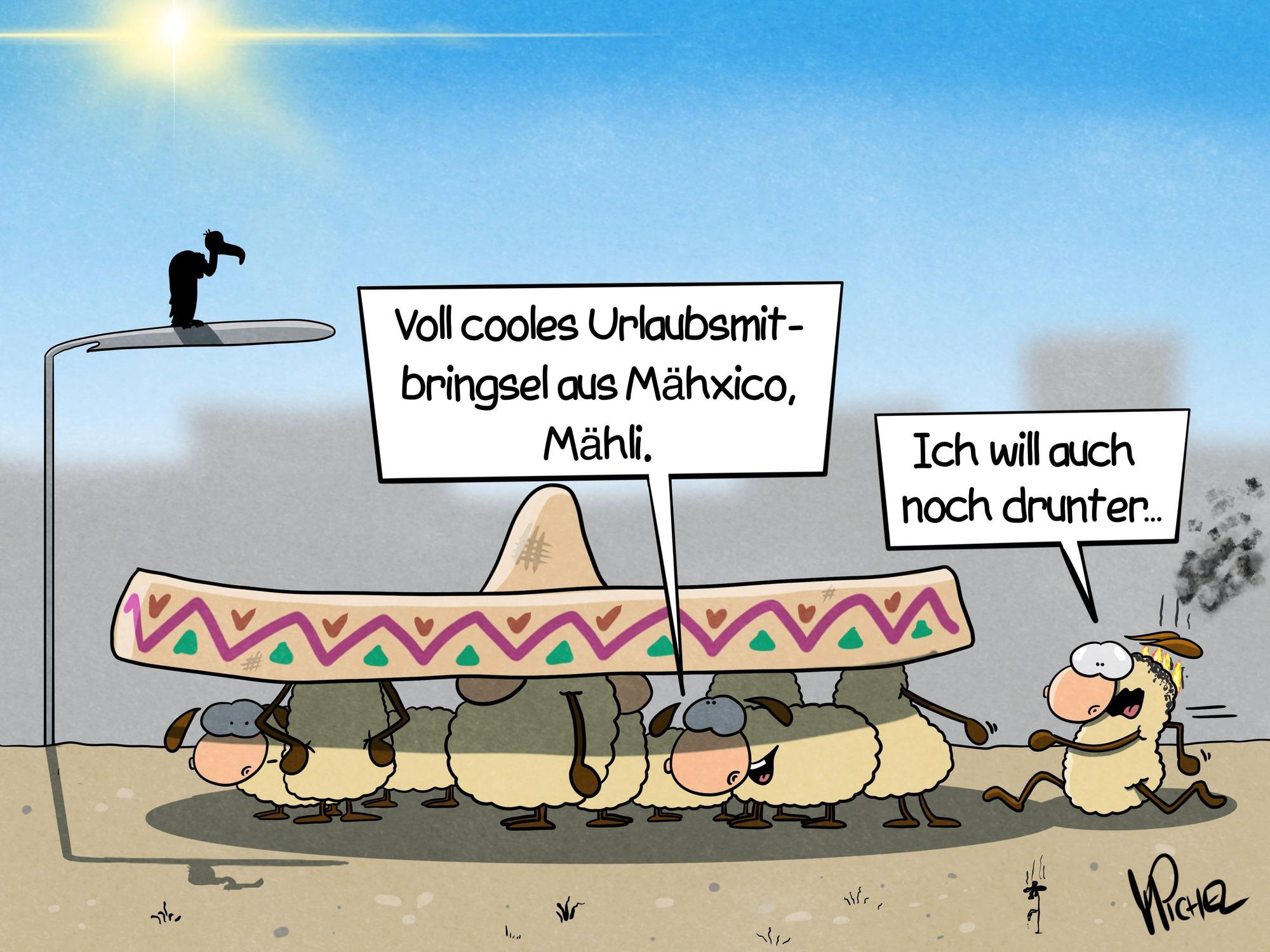 Mehrere Schafe versammeln sich in praller Hitze schwitzend im Schatten unter einem großen Sombrero, das ein Schaf in der Mitte trägt.