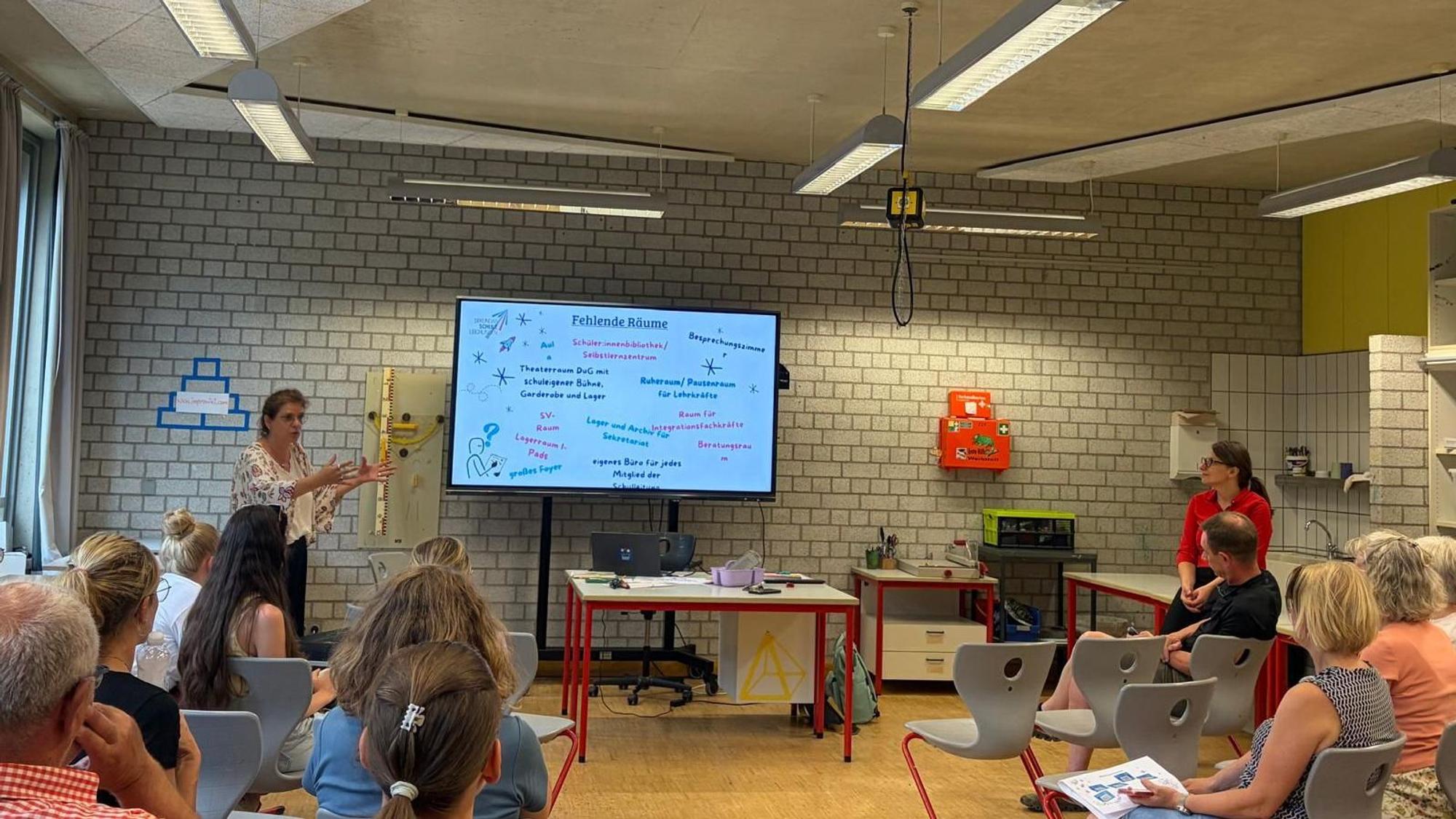 Welche Räume braucht eine moderne Schule? Barbara Wacker und Derya Gökce diskutierten diese Frage gemeinsam mit Eltern, Schülerinnen, Schülern und Lehrkräften.