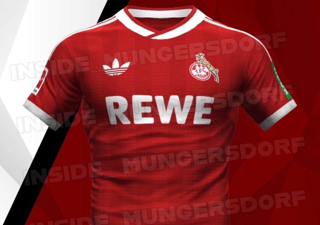 So soll das Auswärtstrikot des 1. FC Köln mit historischem Adidas-Logo aussehen. Auch das FC-Wappen soll im klassischen Stil gehalten sein.