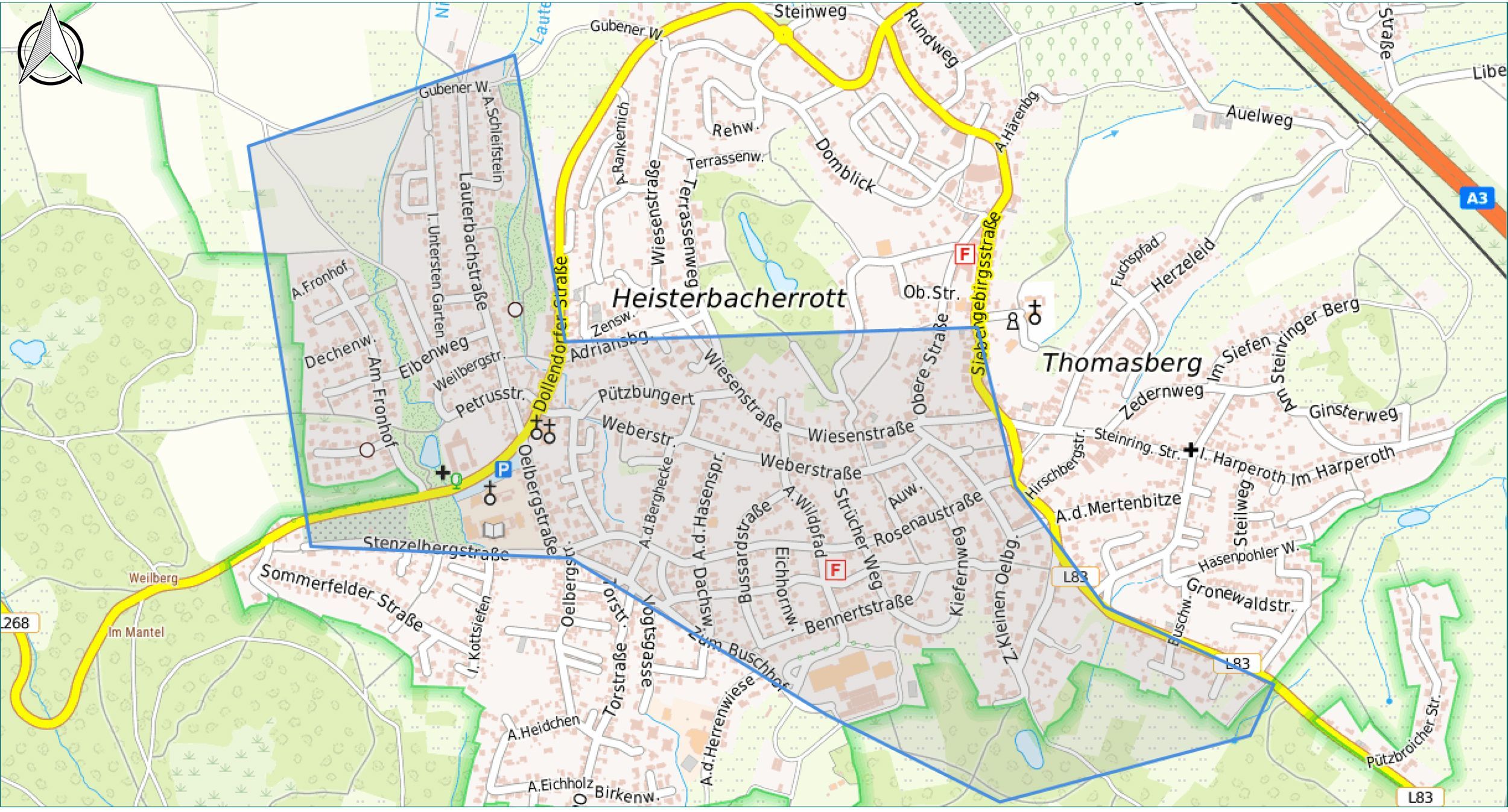 Eine Karte von Thomasberg und Heisterbacherrott.