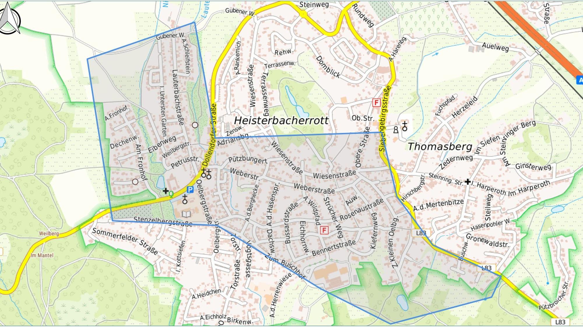 Eine Karte von Thomasberg und Heisterbacherrott.
