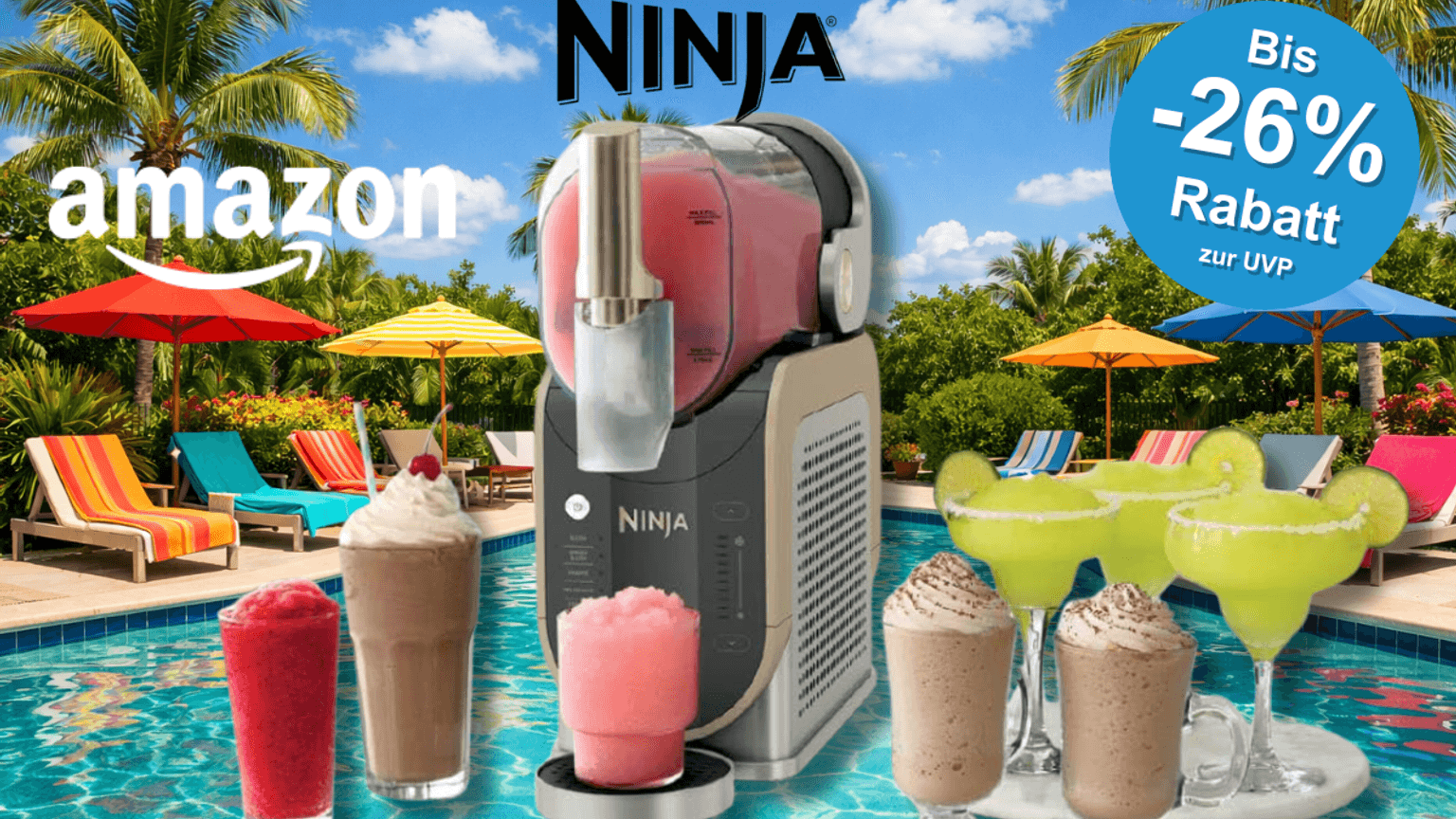 Die Ninja SLUSHi Maschine mit Eisgetränken vor einem Pool.