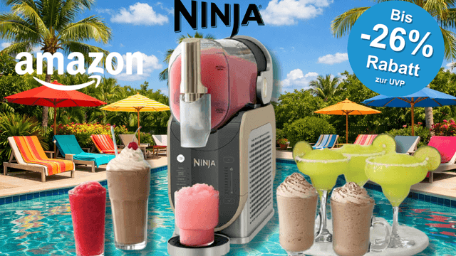 Die Ninja SLUSHi Maschine mit Eisgetränken vor einem Pool.
