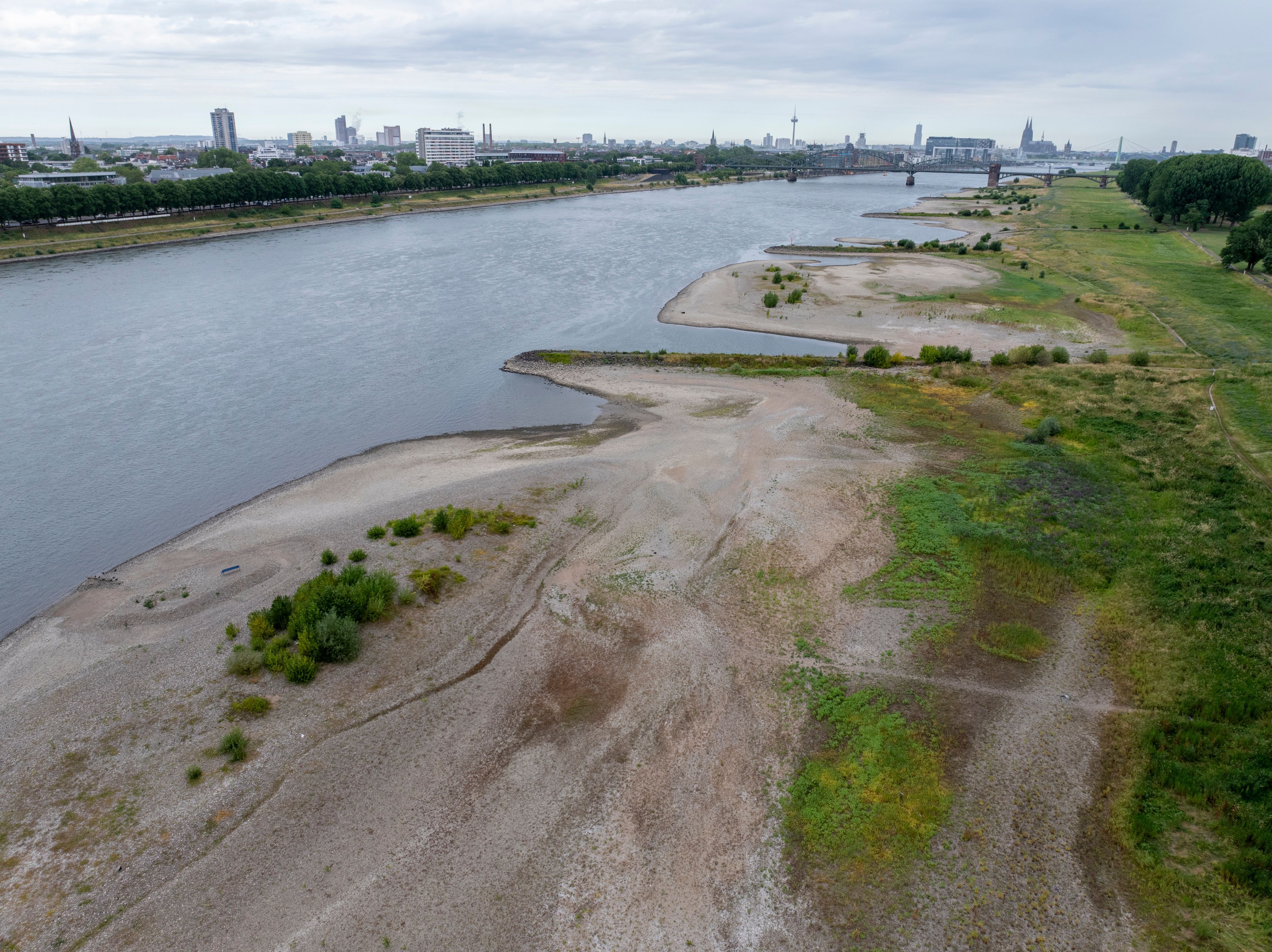 29.06.2026, Köln: Der Rhein führt Niedrigwasser. Wegen des heißen Sommerwetters ist der Pegelstand auf 1,24m gefallen.Foto: Uwe Weiser