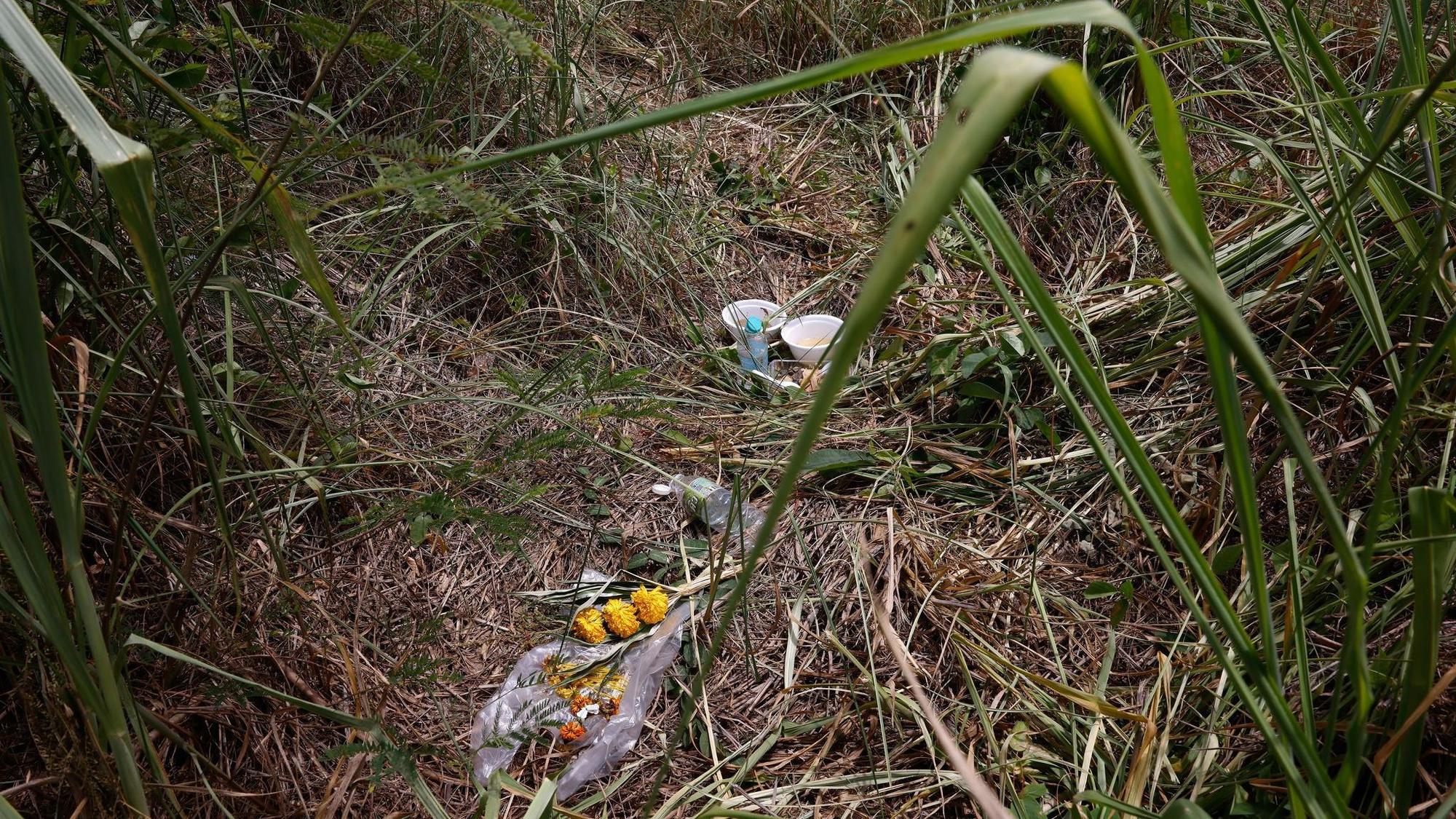 Blumen liegen am Fundort des Koffers.